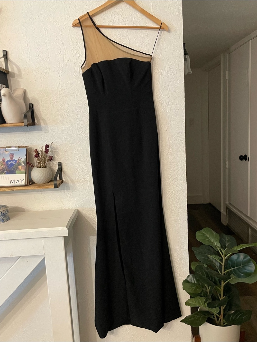 NWOT Dress the Population Black One Shoulder Evening Gown Nude Illusion Small
